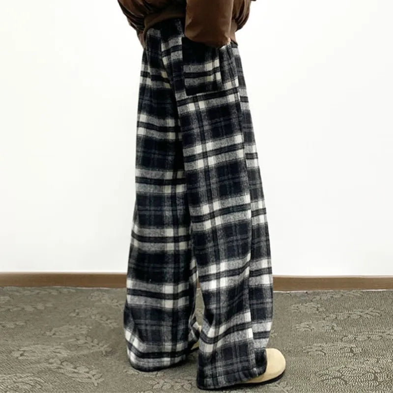 Winter Vintage Fleece Plaid Wide Leg Pants Men's Woolen Casual Thick Warm Pants Men Women Loose Straight Mopping Trousers