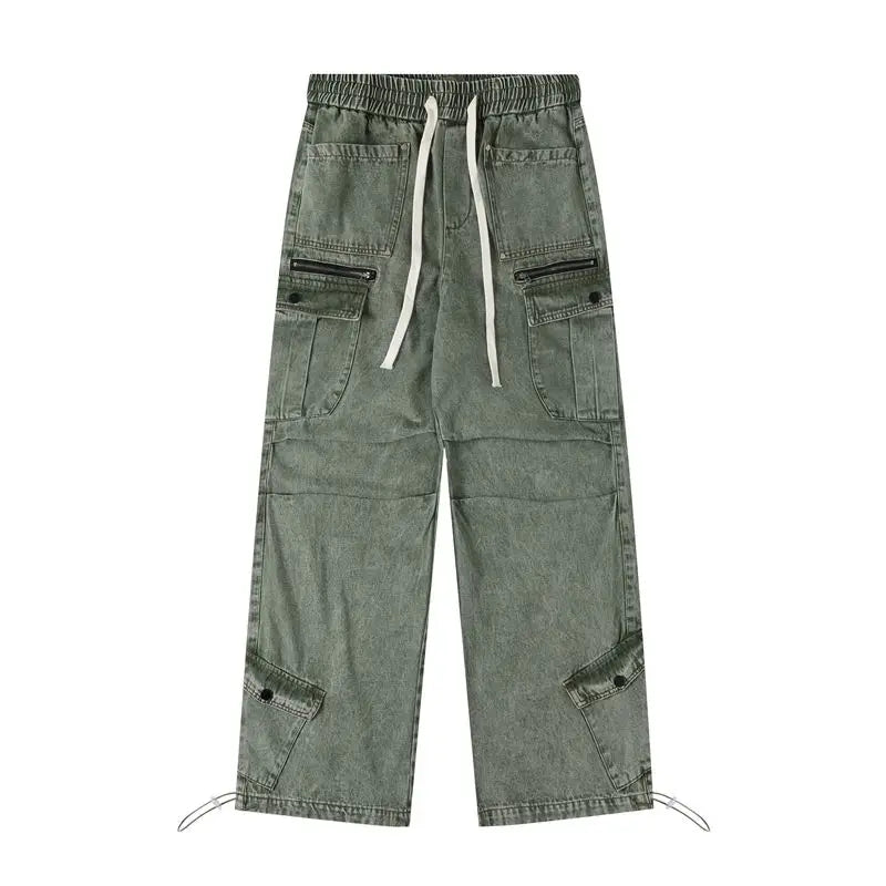 Hip hop retro high street men and women trendy personalized washed workwear jeans for couples loose straight leg casual pants