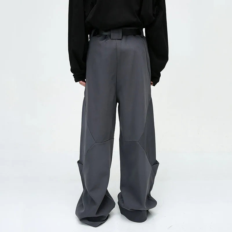 Men's Trousers Solid Color Niche Design Pleated Splice Loose Trend Male Casual Baggy Pant Wide Leg High Street