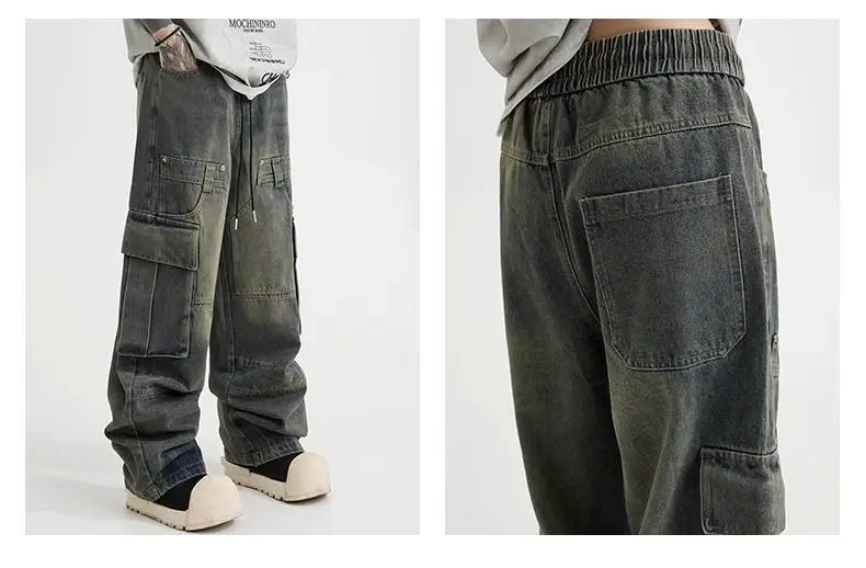 Spring High Street Men and Women Trendy Elastic Belt Work Clothes Jeans Couple Straight Tube Loose Water Washed Casual Pants y2k