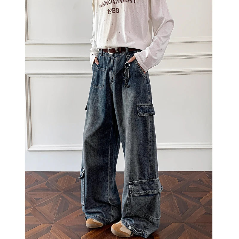 Men Workwear Cargo Jeans New Multi Pocket Loose Straight Leg Baggy Streetwear Denim Pants Urban Casual Trousers 2025 Autumn