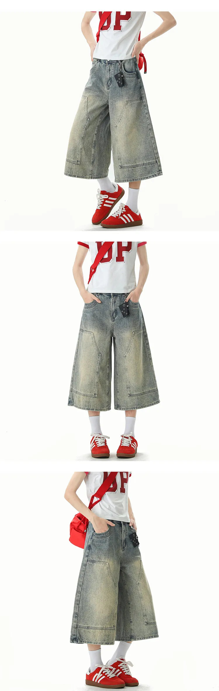 Jeans Men Washed Denim Cropped Pants Patchwork Design Summer Cool Wide Leg Breathable Jeans Casual Fashion Lightweight Trendy