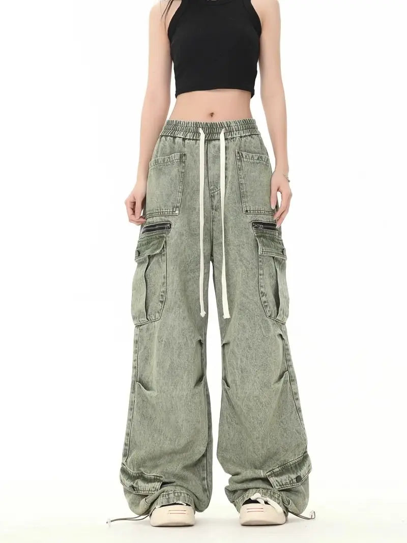 Hip hop retro high street men and women trendy personalized washed workwear jeans for couples loose straight leg casual pants