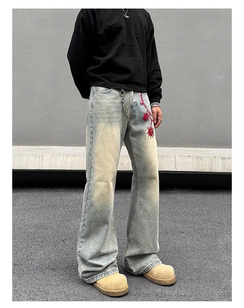 American retro men and women trend personalized embroidered straight leg washed jeans couple spring and autumn casual pants y2k