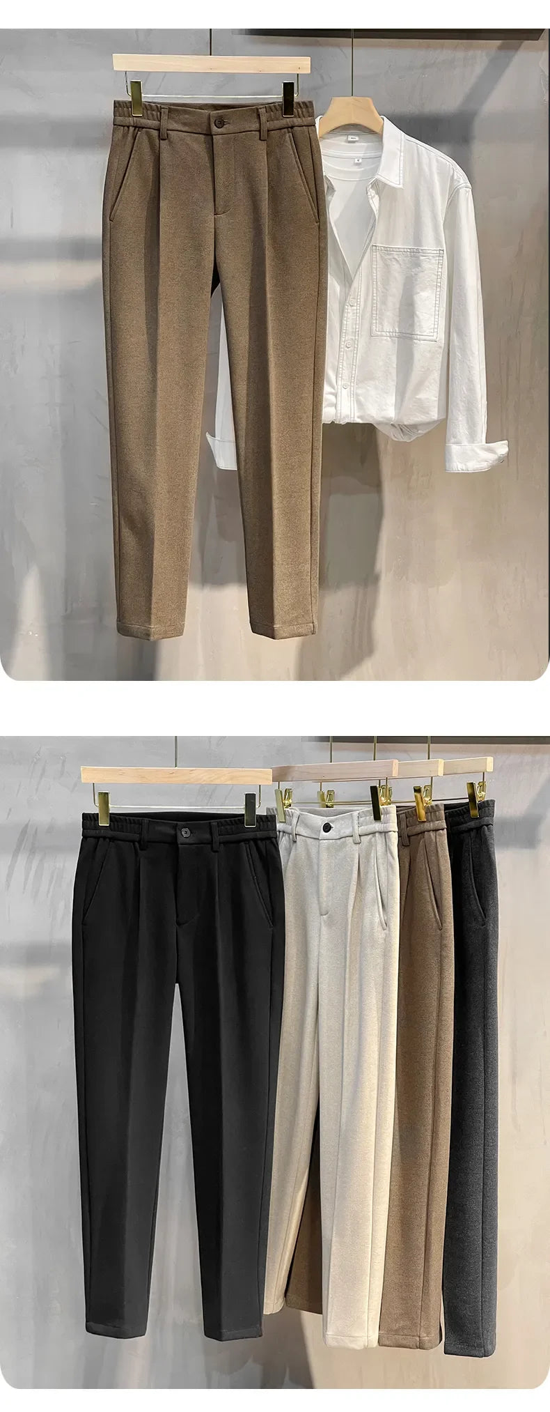 Autumn Winter Men's Woolen Suit Pants Formal Business Office Slim Straight Elastic Waist Korean Casual Tapered Brown Trousers