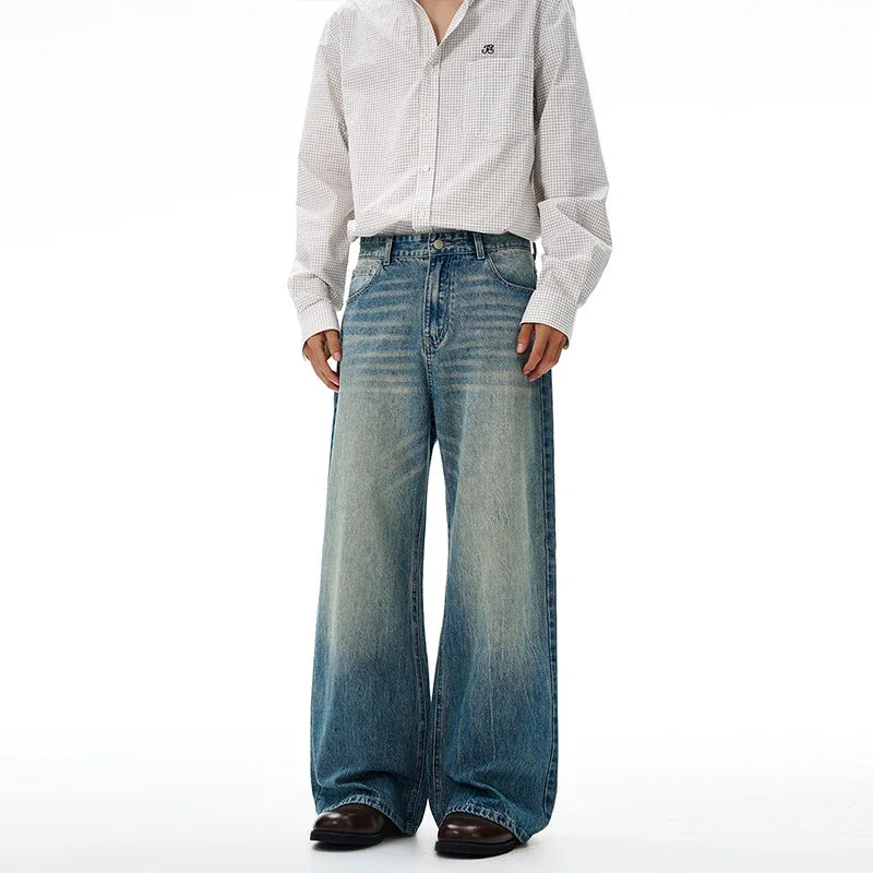 American Retro Jeans Men's Oversize Baggy Wide Legs Classic Wash Cotton Denim Pants Hip-hop Rock Streetwear Loose Trousers