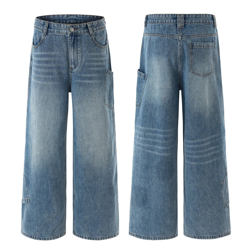 Multi-pocket Loose Wide-leg Jeans Men's Cotton Vintage Washed Denim Pants Hip-hop Fashion Y2K Streetwear Autumn Casual Trousers