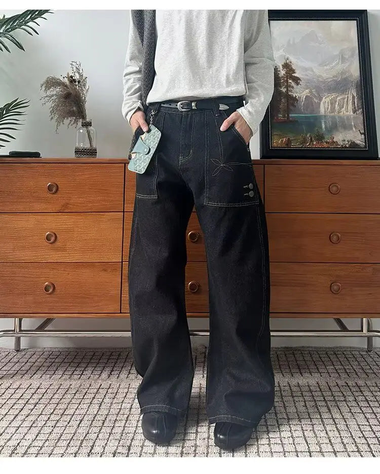 JEANS MEN Black Straight Leg Mens Jeans Novel Pocket Design Front Patch Denim Pants Trendy Fashion Casual Trousers Hot Sale 2025