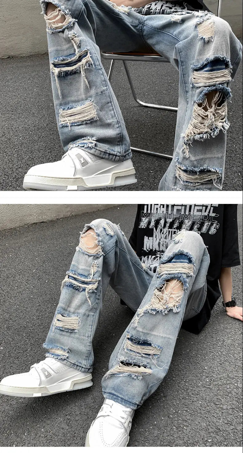 European and American High Street Spring and Autumn Vintage Destruction Washed Straight leg Jeans Couple Hip Hop Casual Pants