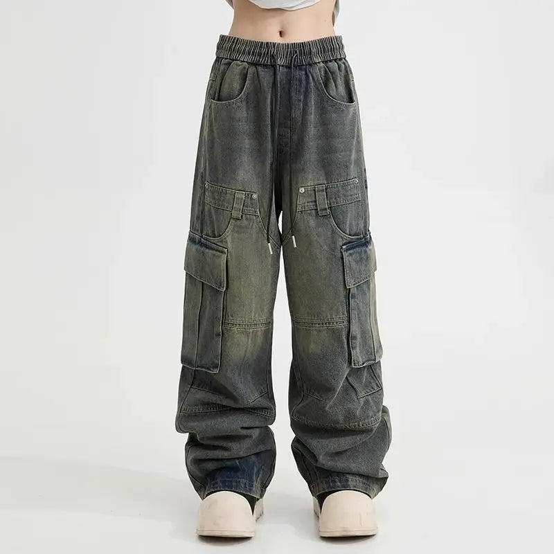 Spring High Street Men and Women Trendy Elastic Belt Work Clothes Jeans Couple Straight Tube Loose Water Washed Casual Pants y2k