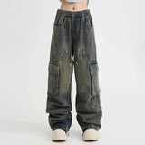 Spring High Street Men and Women Trendy Elastic Belt Work Clothes Jeans Couple Straight Tube Loose Water Washed Casual Pants y2k