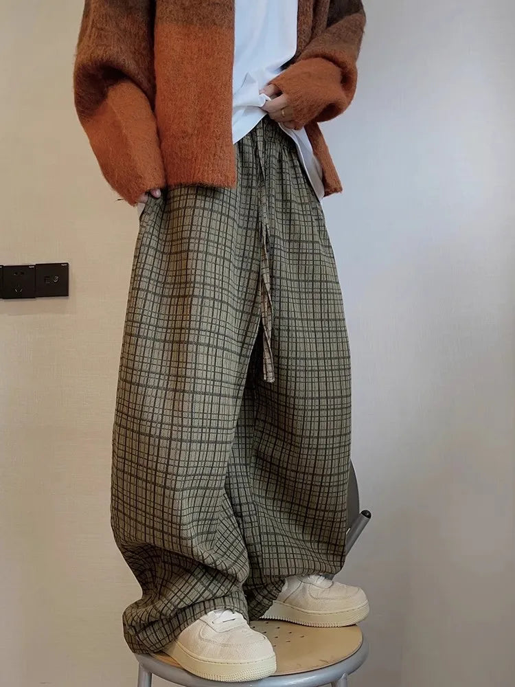 Spring Autumn Cool Oversized Long Flowy Baggy Wide Leg Pants for Mens Streetwear Loose Plaid Canvas Trousers