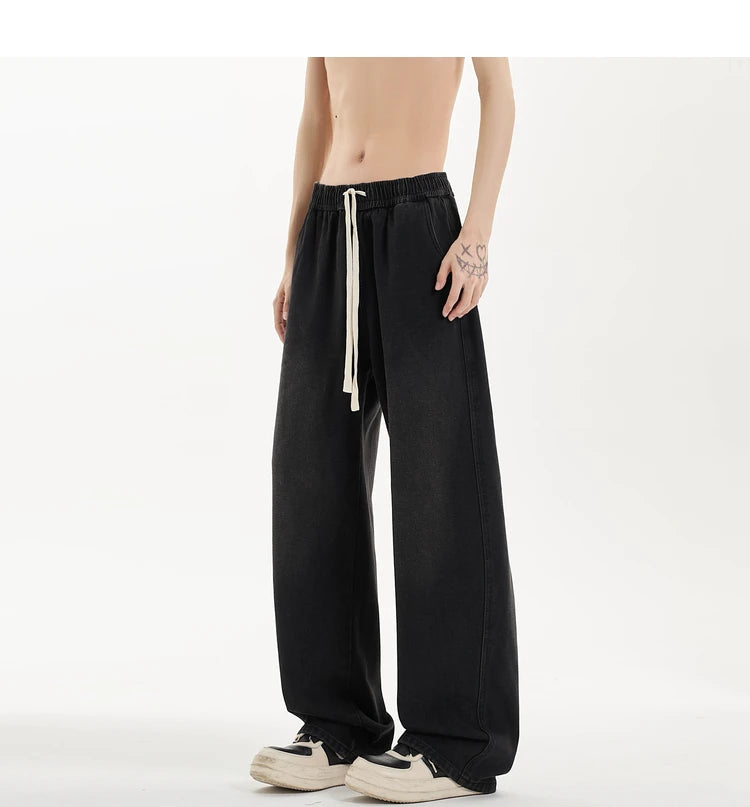 New Men's Jeans Washed Jeans Pants Unisex Drawstring Denim Pants Male Streetwear Korean Straight cylinder loose Cowboy Trousers