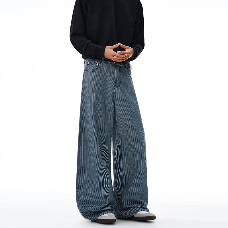 Autumn New Striped Jeans Men's Retro Wash Loose Wide-leg Denim Pants American High Street Fashion Cotton Casual Trousers