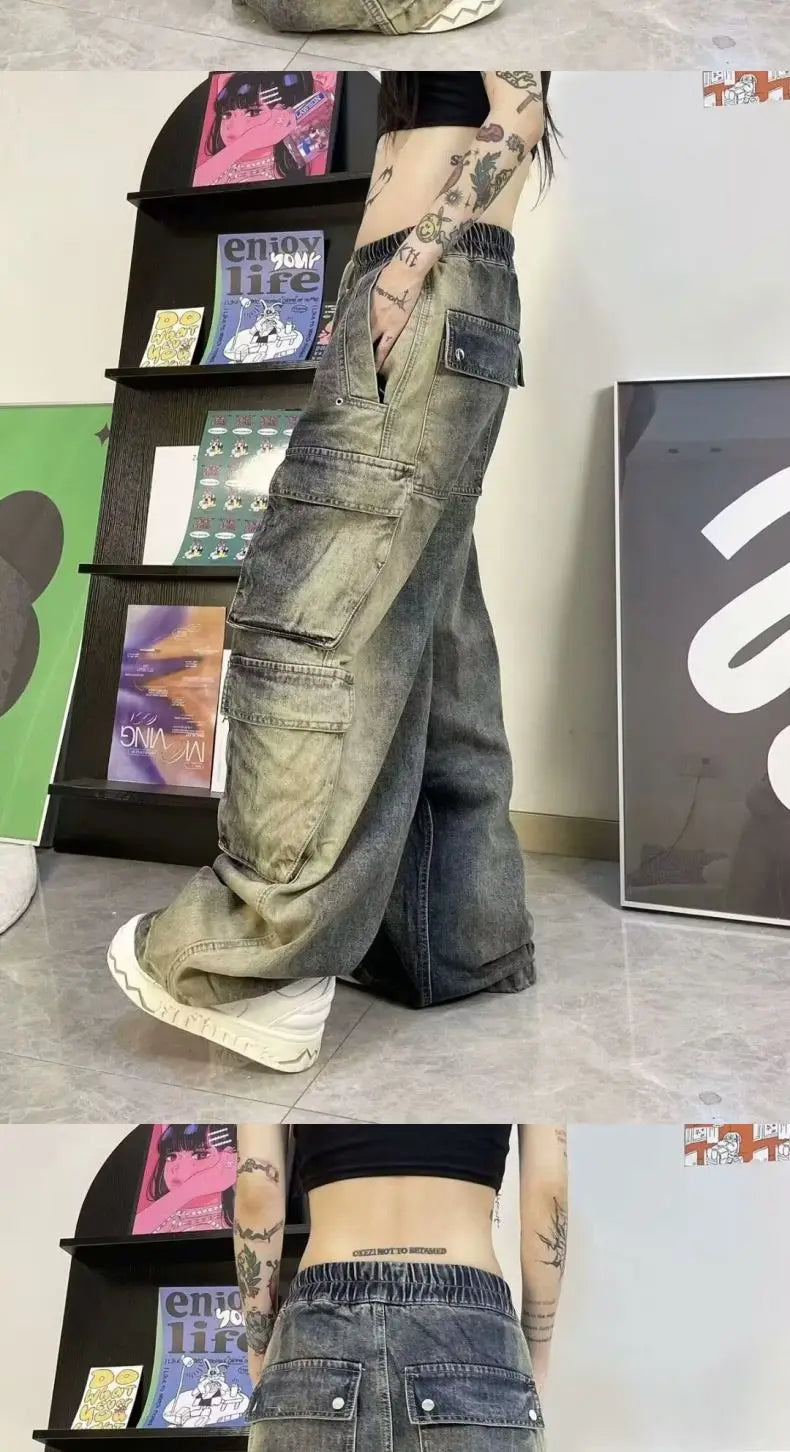 Street men and women trendy and personalized hip-hop straight leg washed gradient jeans for couples loose casual Harajuku pants