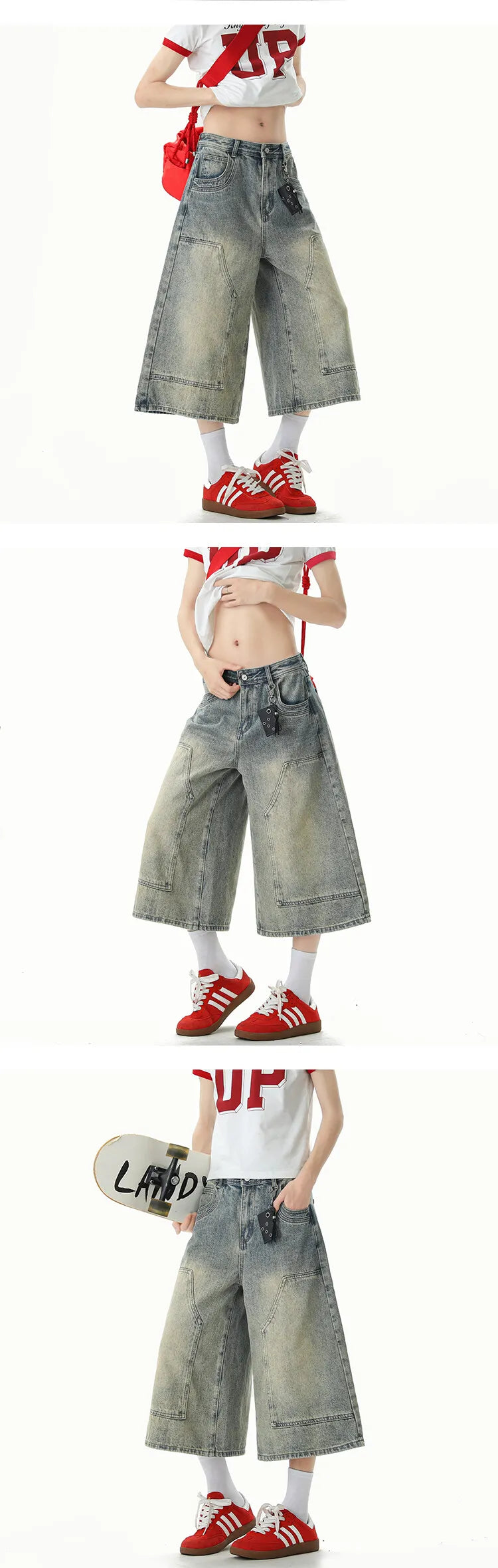 Jeans Men Washed Denim Cropped Pants Patchwork Design Summer Cool Wide Leg Breathable Jeans Casual Fashion Lightweight Trendy