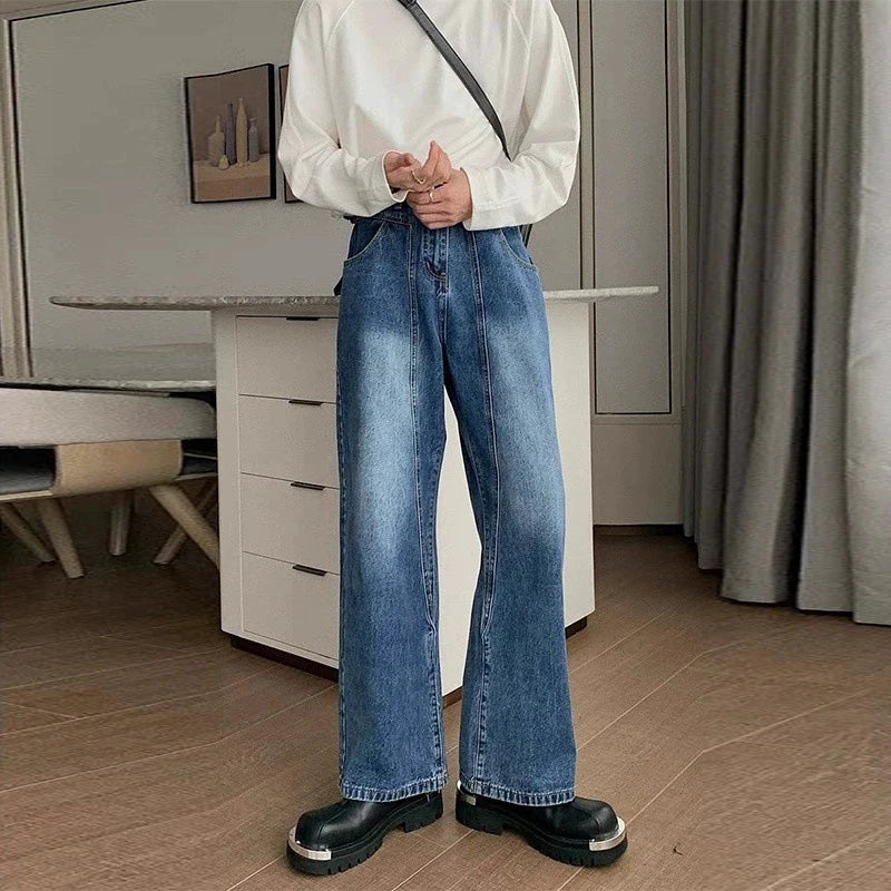 New Korean Cleanfit Male Jeans Luxury Naples High Waist Wide Legs Denim Pants Fashion Solid Color Retro Premium Elegant Trousers