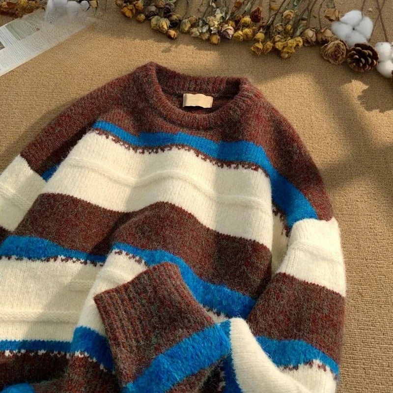 Vintage Striped Sweater Men's Book Winter Contrasting Lazy O-neck Knitted Sweater Youth American Base Pullover Men Clothing