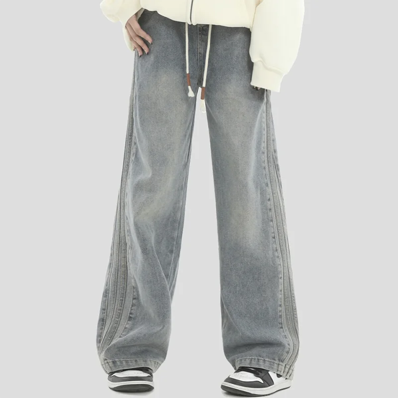 Dragging Streetwear Loose Cargo Jeans Men Korean Loose Straight Wide Leg Pant Men's Brand Clothing Black Blue Denim Jogger Pants