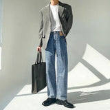 Minimalist Style High-end Jeans Men's Trousers Solid Color Loose Straight Denim Pants Male Draped Dark Blue Trousers