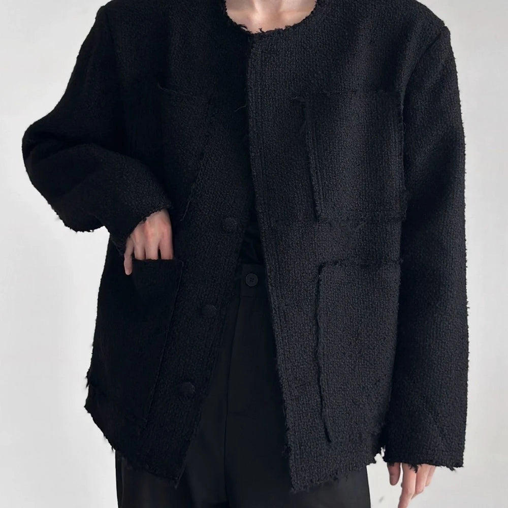 Mens Solid Color High-End Jacket Autumn And Winter New Style Raw Edge Design Collarless Loose Top Korean Style Trendy Jacket