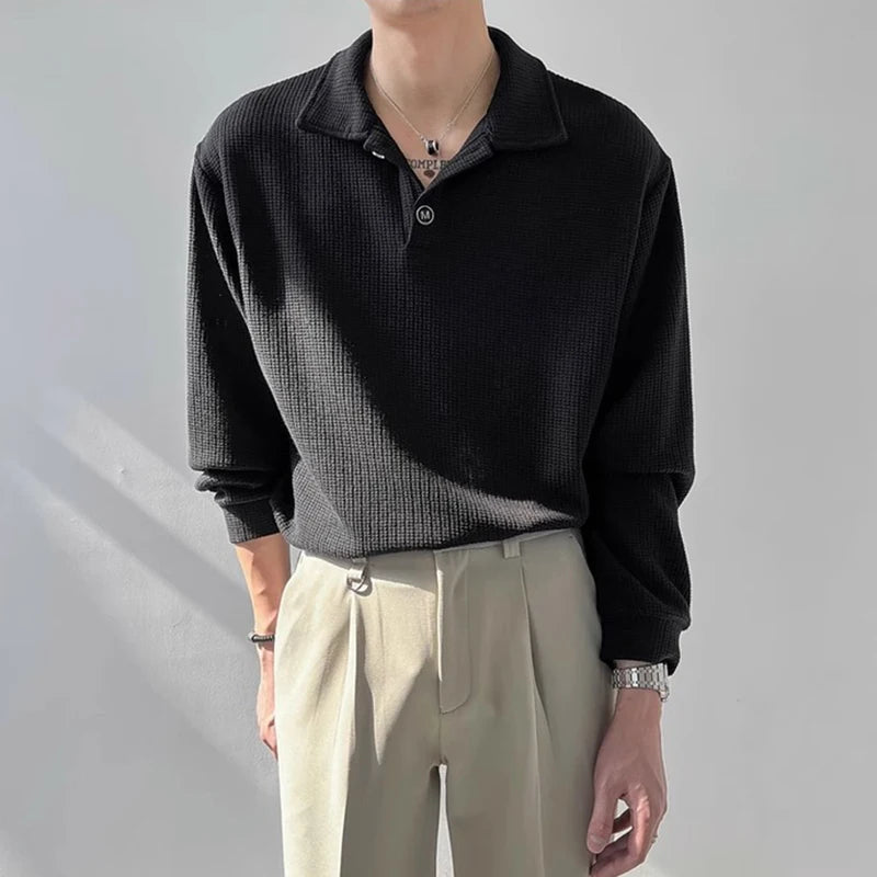 New Trendy Waffle Men Polo Shirt Leisure High Quality Solid Color Long Sleeve T-shirt Korean Fashion Autumn Loose Basic Shirts
