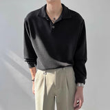 New Trendy Waffle Men Polo Shirt Leisure High Quality Solid Color Long Sleeve T-shirt Korean Fashion Autumn Loose Basic Shirts
