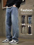 4 Colors Men's Vintage Wide Leg Jeans Korean Fashion Semi-elastic Waist Design Baggy Straight Denim Pants 2025 Spring New