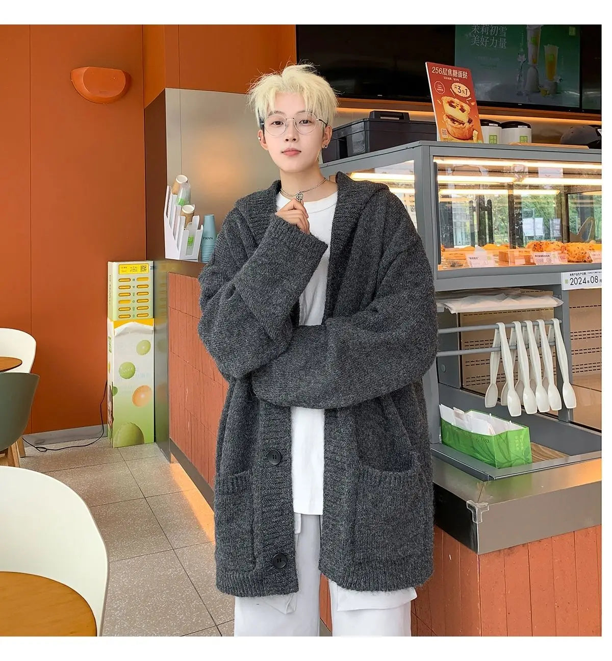 Cardigans Men Loose Korea Style Hooded Warm Autumn Winter Chic Knitted Gray Solid Minimalist Young College All-match Coats Ins