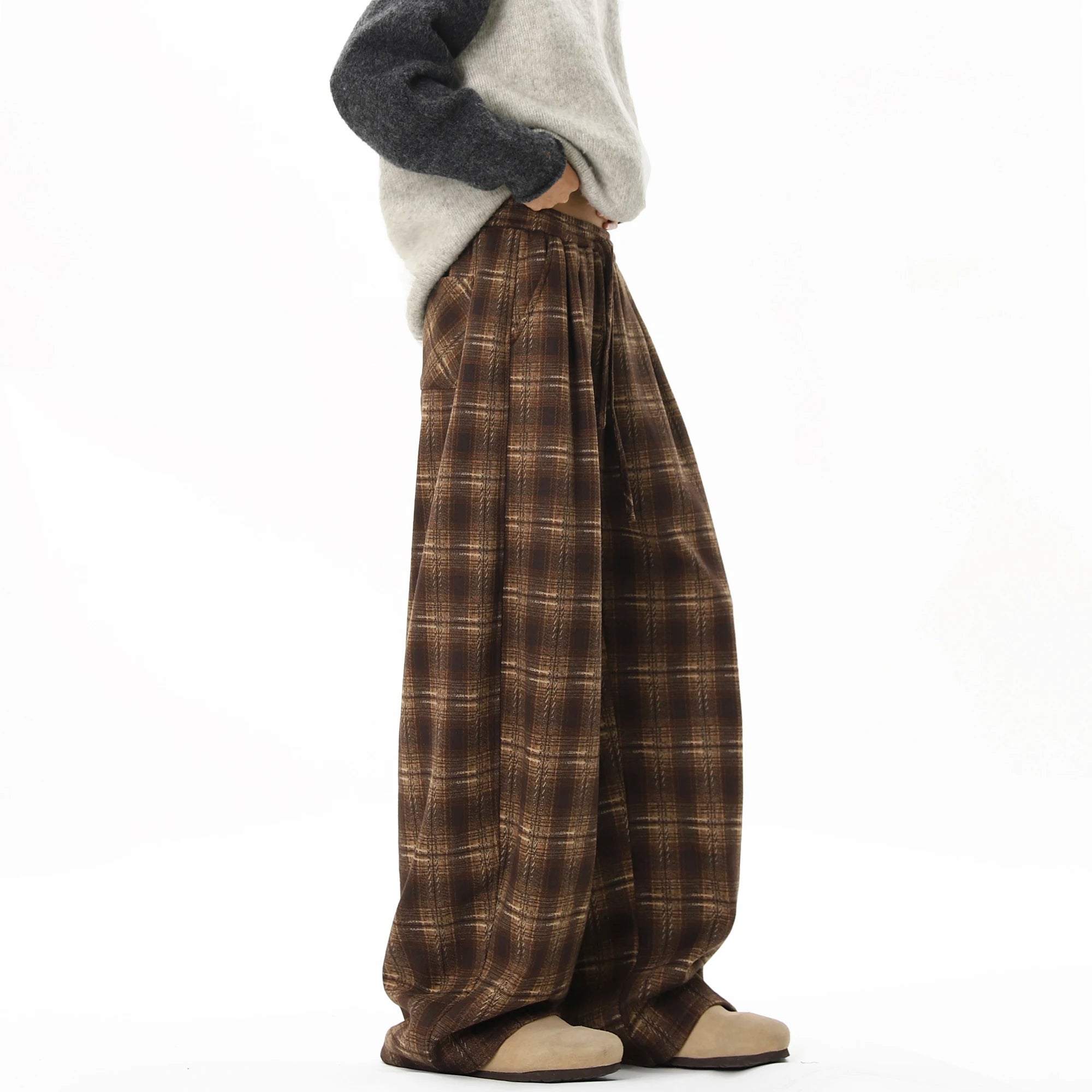 Winter Trendy Tartan Fleeced Plaid Casual Pants Men's Loose Straight Warm Long Pants Mopping Trousers For Men Black/Coffee