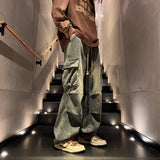 High street hip-hop men and women trendy personality large pocket straight leg washed denim jeans couple retro casual pants y2k