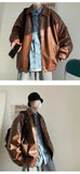 Autumn Street Trendy PU Leather Jacket Casual Textured Locomotive Zipper Turn-down Collar Solid Color Long Sleeve Men's Coats