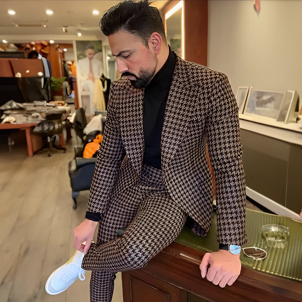 Houndstooth Men's Slim Fit Suit 2-piece Set Winter Wool Blazer Pants Wedding Groom Tuxedo Men's Workwear Outfit