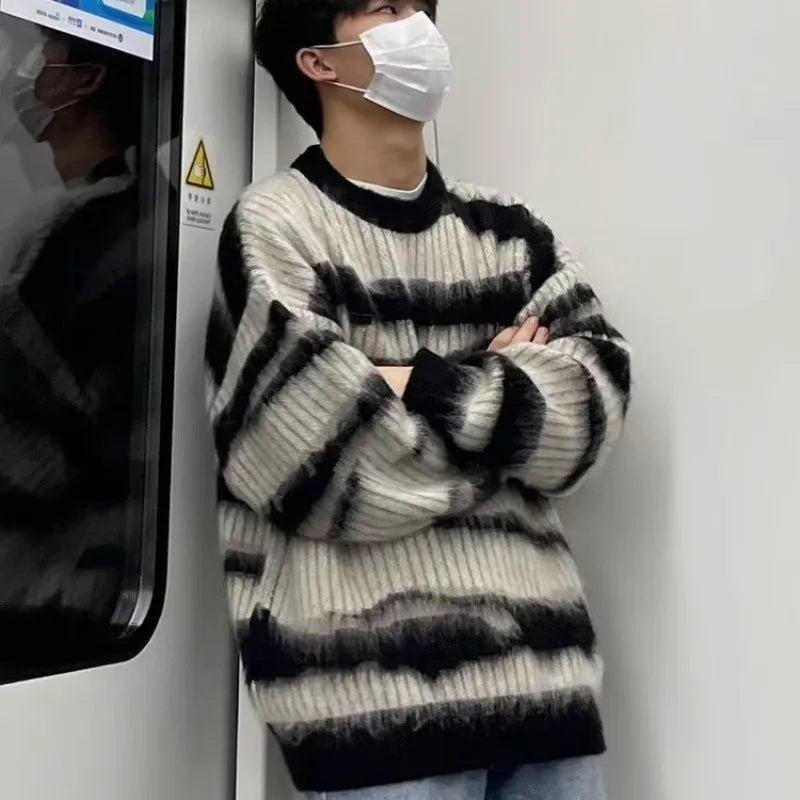 Plush Pullovers Men Autumn Winter Striped Fashion High Street Slouchy Loose Couples Knitted Sweater Y2k Harajuku Warm Outwear