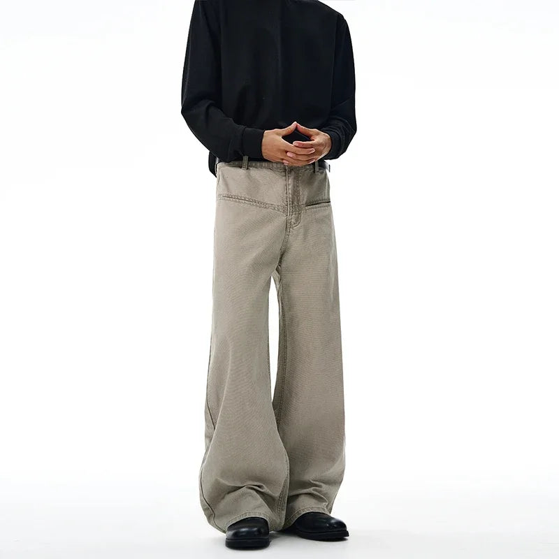 100% Cotton Wide-leg Jeans Men's Autumn Fashion Pocket Design Casual Trousers Loose American High Street Y2K Denim Pants