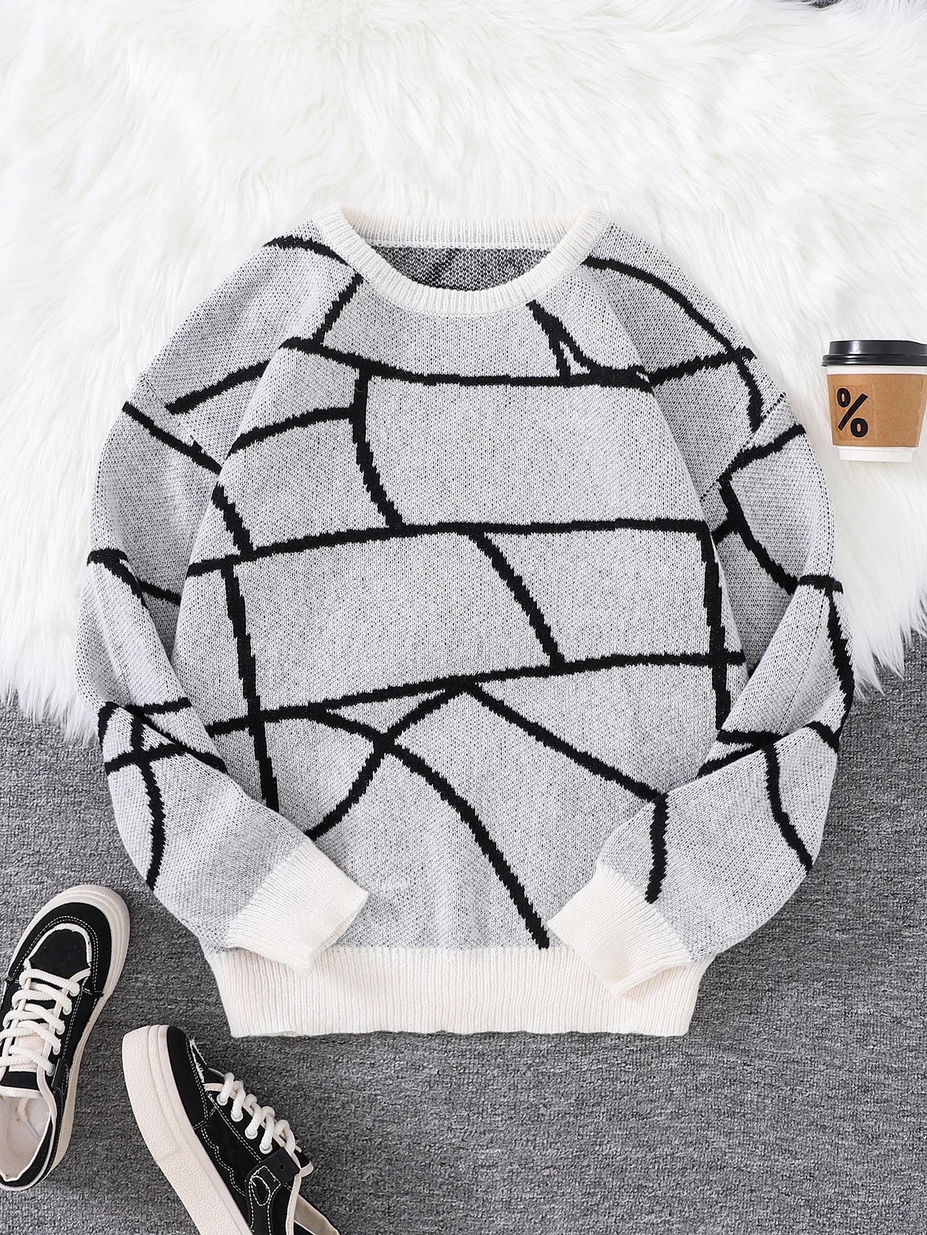 New Popular Autumn and Winter Broken Pattern Pullover Sweater Casual Round Neck Contrast Color Knitted Men's Pullover