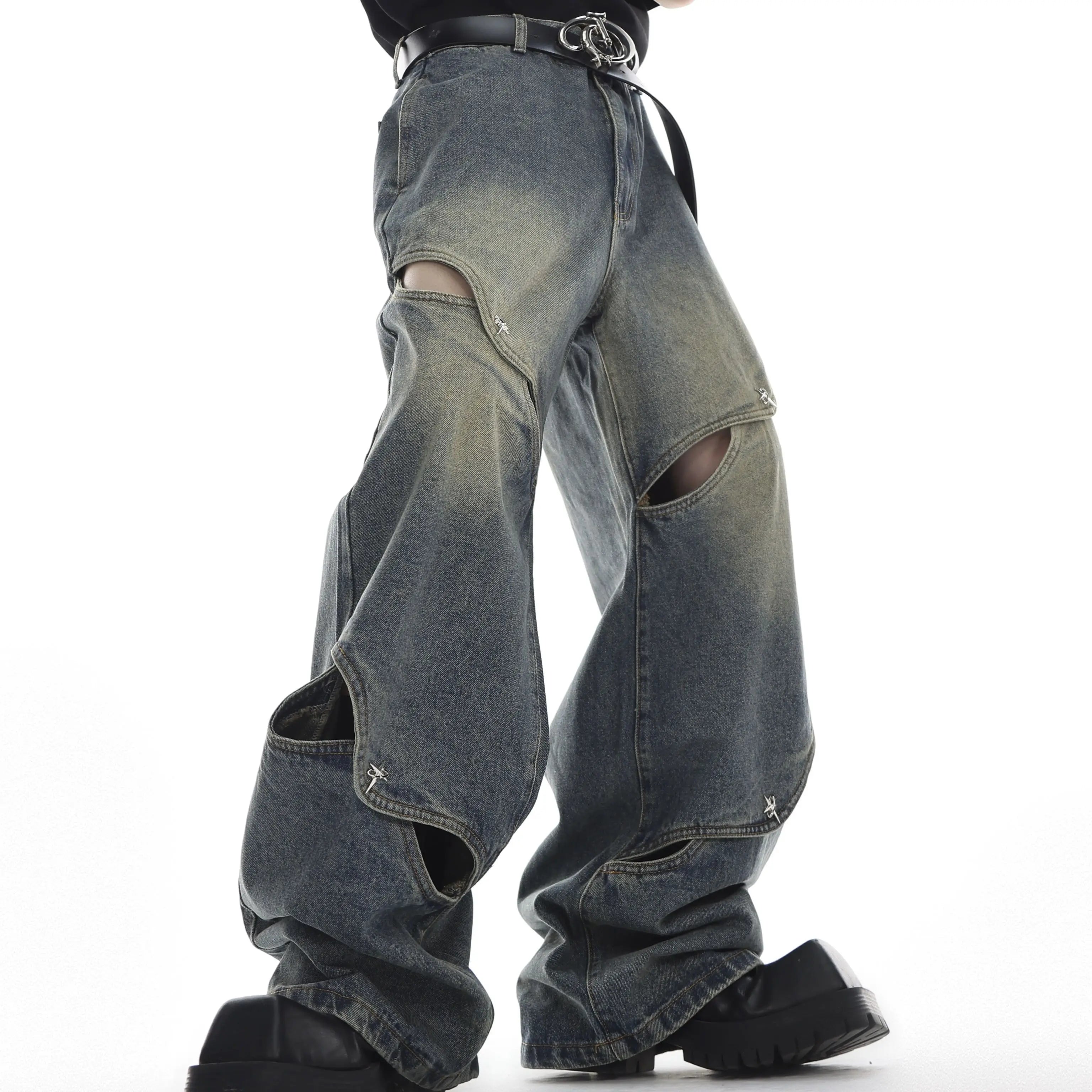 European hip-hop high street men and women trend deconstruction design straight leg jeans couple loose retro casual pants y2k