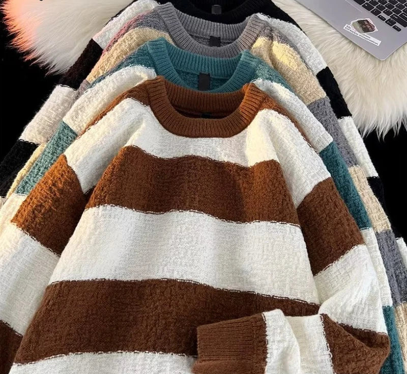 Striped Sweaters Men Fashion Loose Casual Autumn Winter Round Neck Panelled Couple Japanese Style Unisex Streetwear Knitting