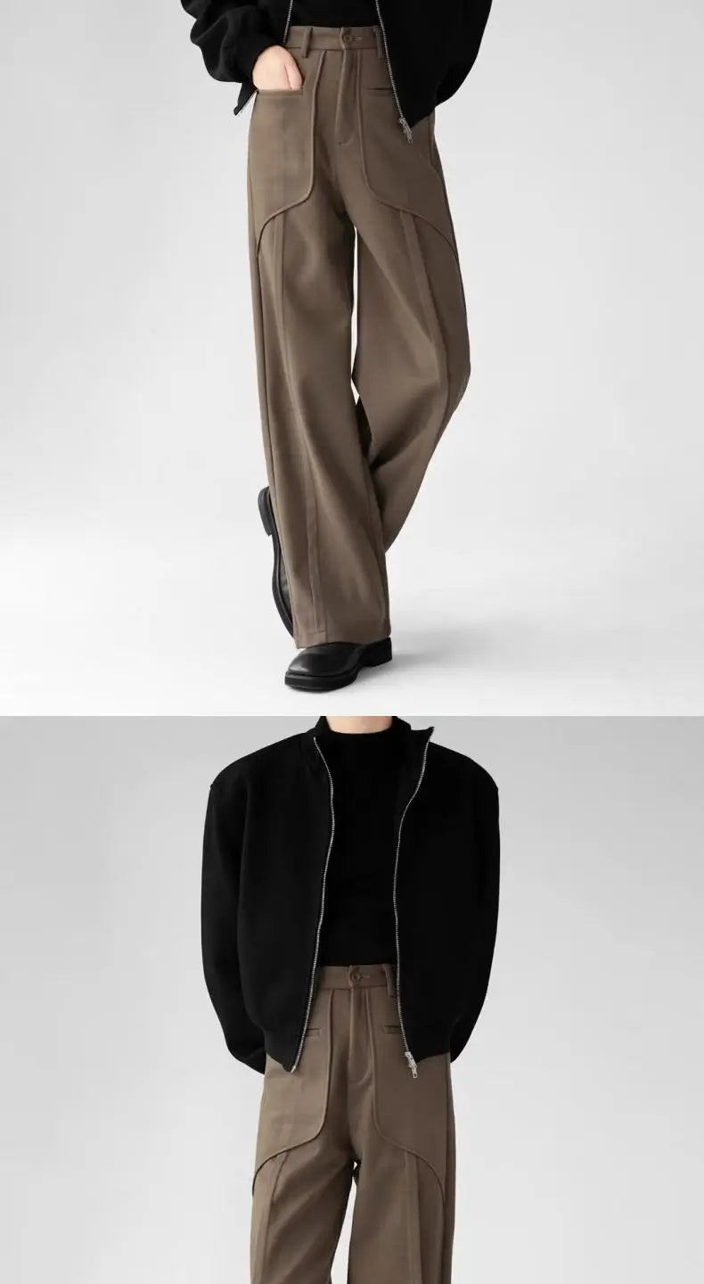 Korean Elegant Pants Fake Pocket Decoration Wide-leg Pants Autumn New American Style Design Sense Spliced Straight Suit Trousers