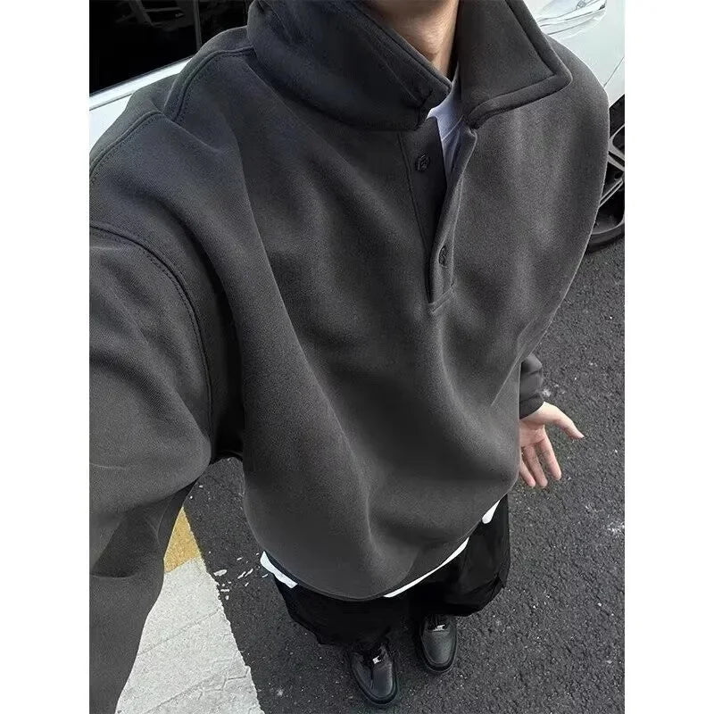 Deep Grey Polo Collar Sweatshirt Men's Spring Autumn Long Sleeve Turn Collar American Retro Jacket Loose Fit Casual Wear