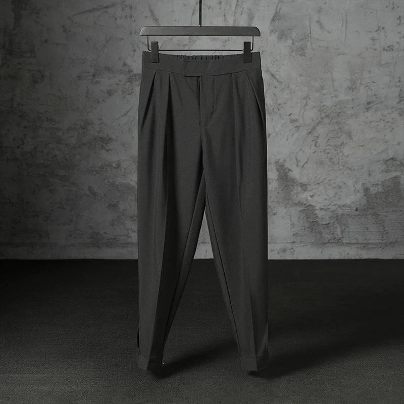 New Japanese Retro Velcro Male Suit Pants Light Luxury Straight Draped Business Casual Pants Premium Slim Elegant Ninth Trousers