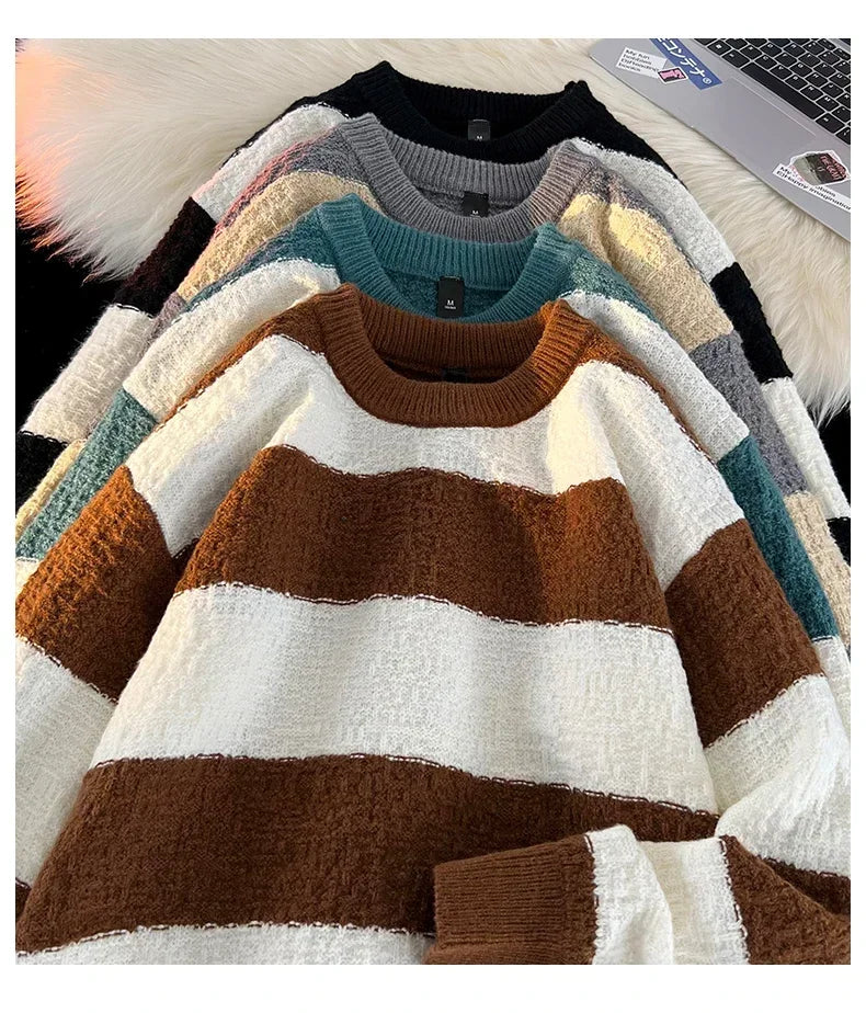 Men's New Black and White Striped Sweater Men's Autumn and Winter Loose Pullover Casual Top Men's Homestay Casual Warmth