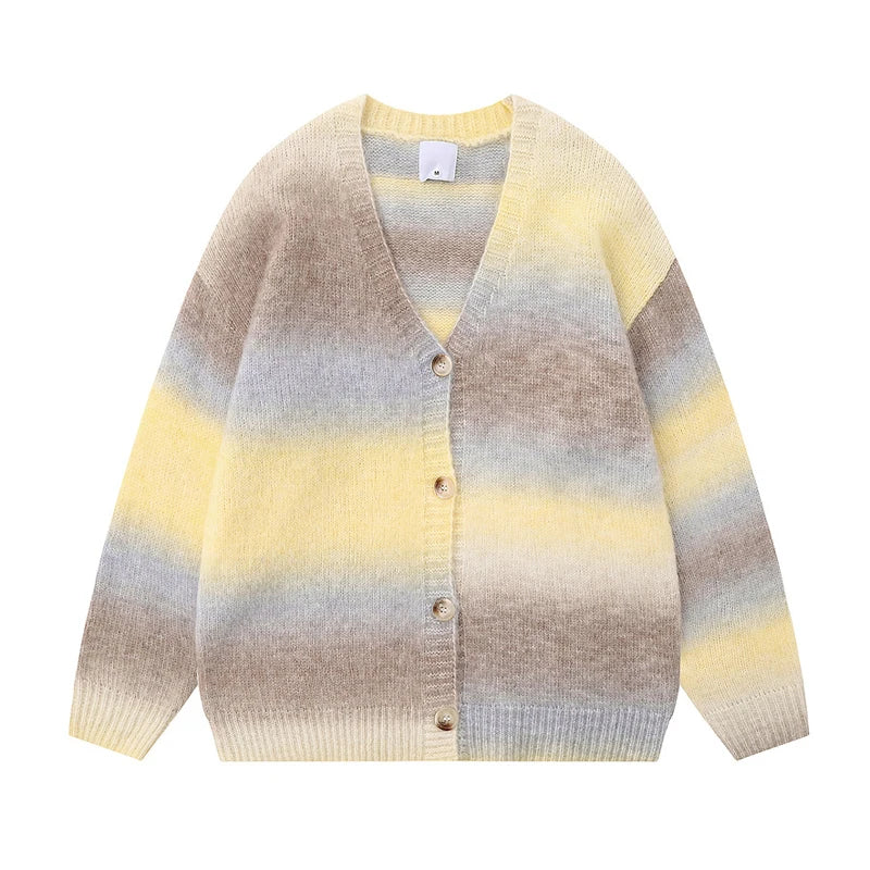 Winter New Gradient Men's Cardigan V-neck Single Breasted Fashion Casual Loose Sweater Couple Street Hip-hop Clothing Oversized