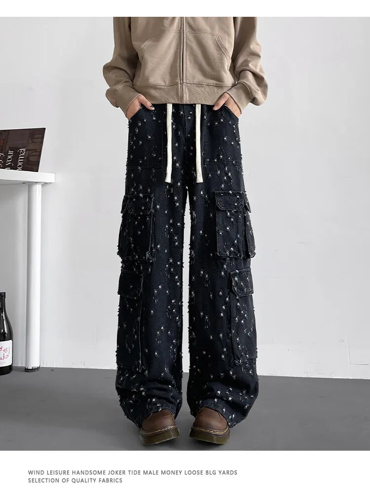 Cargo jean pants Men Wide Leg DenimLoose Straight Baggy Men's Jeans hip hop Streetwear Skateboard Neutral denim Trousers