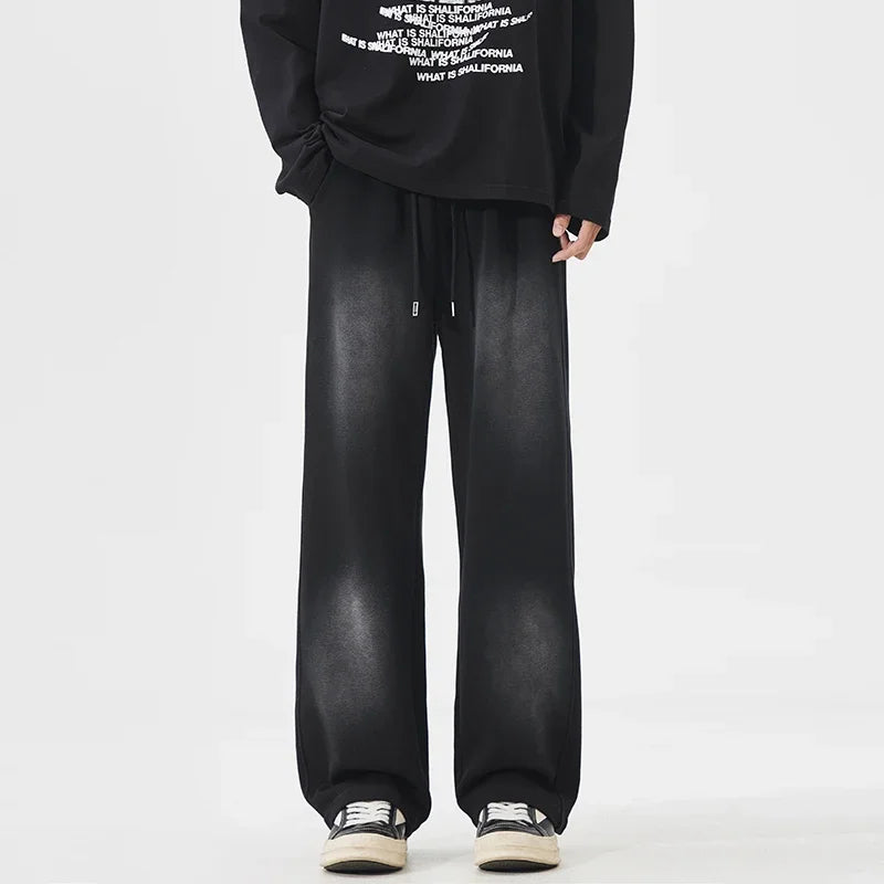 Autumn New Fashion Korean Men's Casual Pants Distressed Classic Black Baggy Straight Trousers Sweatpants Streetwear Male Clothes