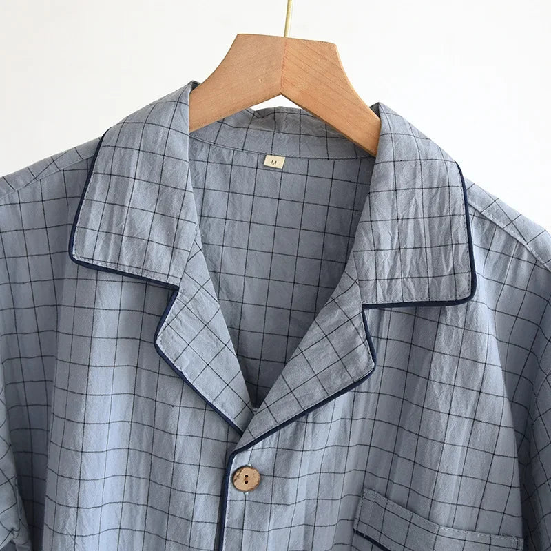 Men's Trousers Pajamas Set for Spring and Summer Thin Plaid Design Cotton Fabric Short Sleeved Long Pants Home Men Pyjama Set