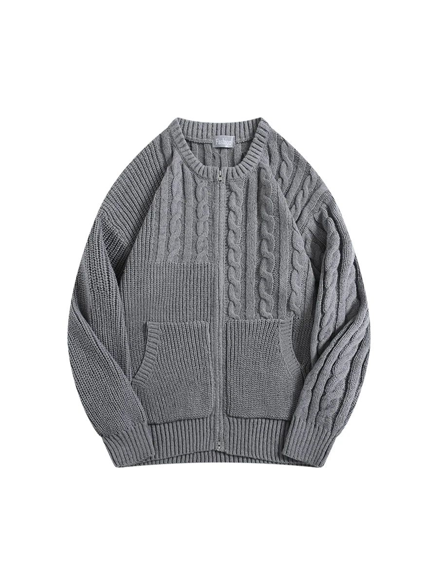 Men and Women Japanese Simple Double Zipper Twist Sweaters Cardigan Autumn Winter O-neck Simple Versatile Casual Knitted Jackets