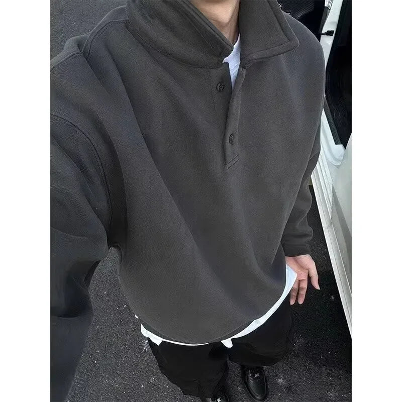 Deep Grey Polo Collar Sweatshirt Men's Spring Autumn Long Sleeve Turn Collar American Retro Jacket Loose Fit Casual Wear