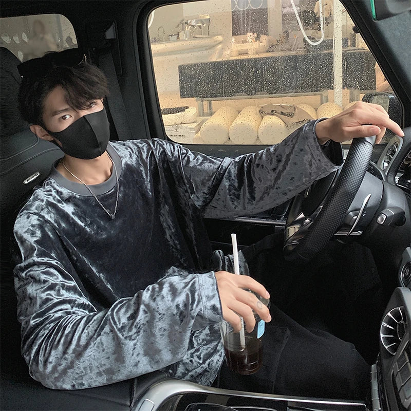 Velvet T Shirt Spring Autumn Simple Long Sleeve Tops Men's T-shirt O-neck Solid Tshirts T Shirt Men Tees Black/White