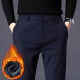 Winter Warm Fleece Men's Business Casual Pants Stretch Slim Fashion Korean Thermal Trousers Classic Simple Male Plush Clothes